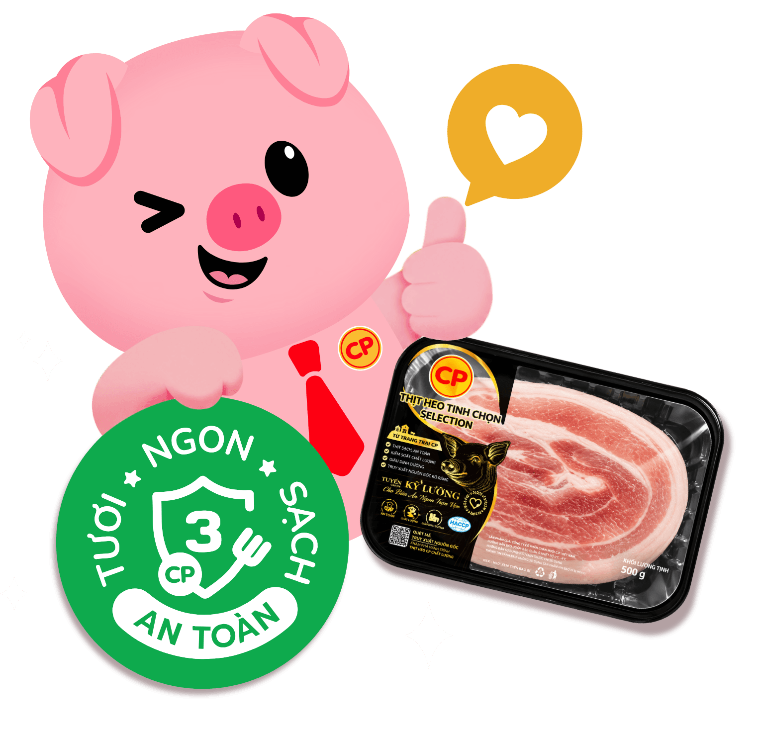 Chú heo CP cùng khay thịt heo tinh chọn và huy hiệu Tươi - Ngon - Sạch - An toàn